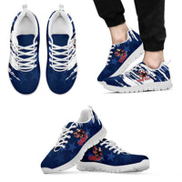 Blue low-top sneakers with USA eagle badge, white laces, white outsole, 'YOUR TEXT'