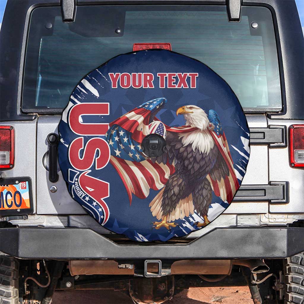 Custom USA Rugby Spare Tire Cover Powerful Eagle Grunge Brush Style - Blue