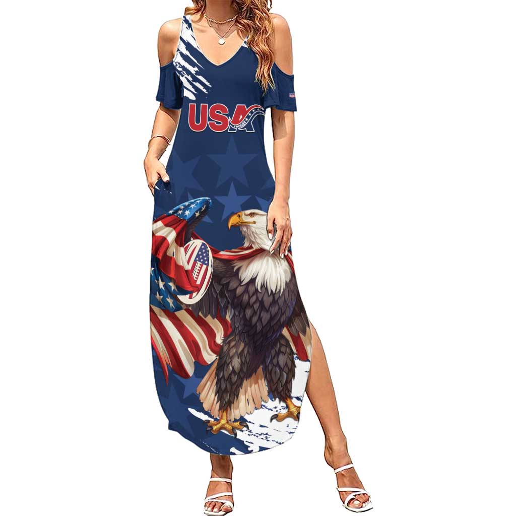 Custom USA Rugby Summer Maxi Dress Powerful Eagle Grunge Brush Style - Blue