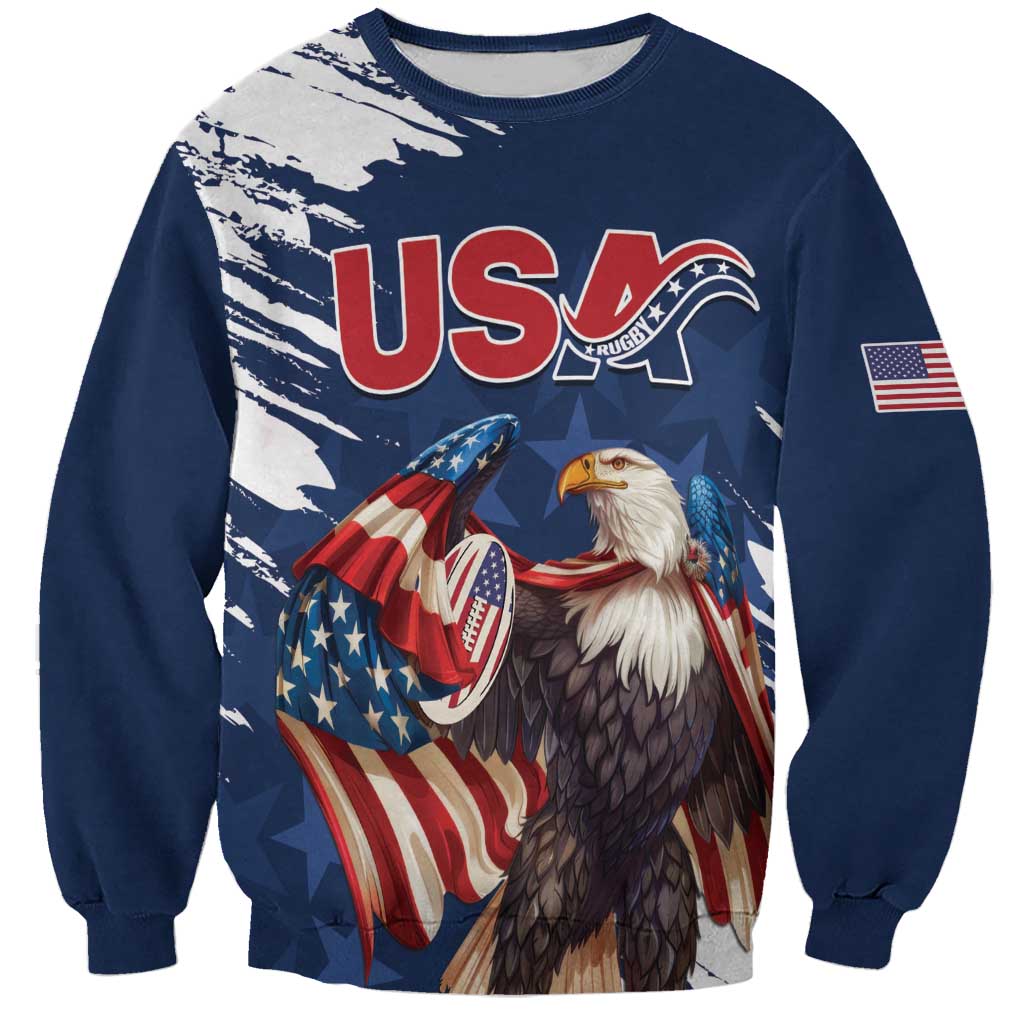Unisex blue rugby sweatshirt with USA 14 eagle print and American flag brush design