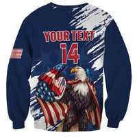 Unisex blue rugby sweatshirt with eagle graphic, brush background, 'YOUR TEXT' and 14