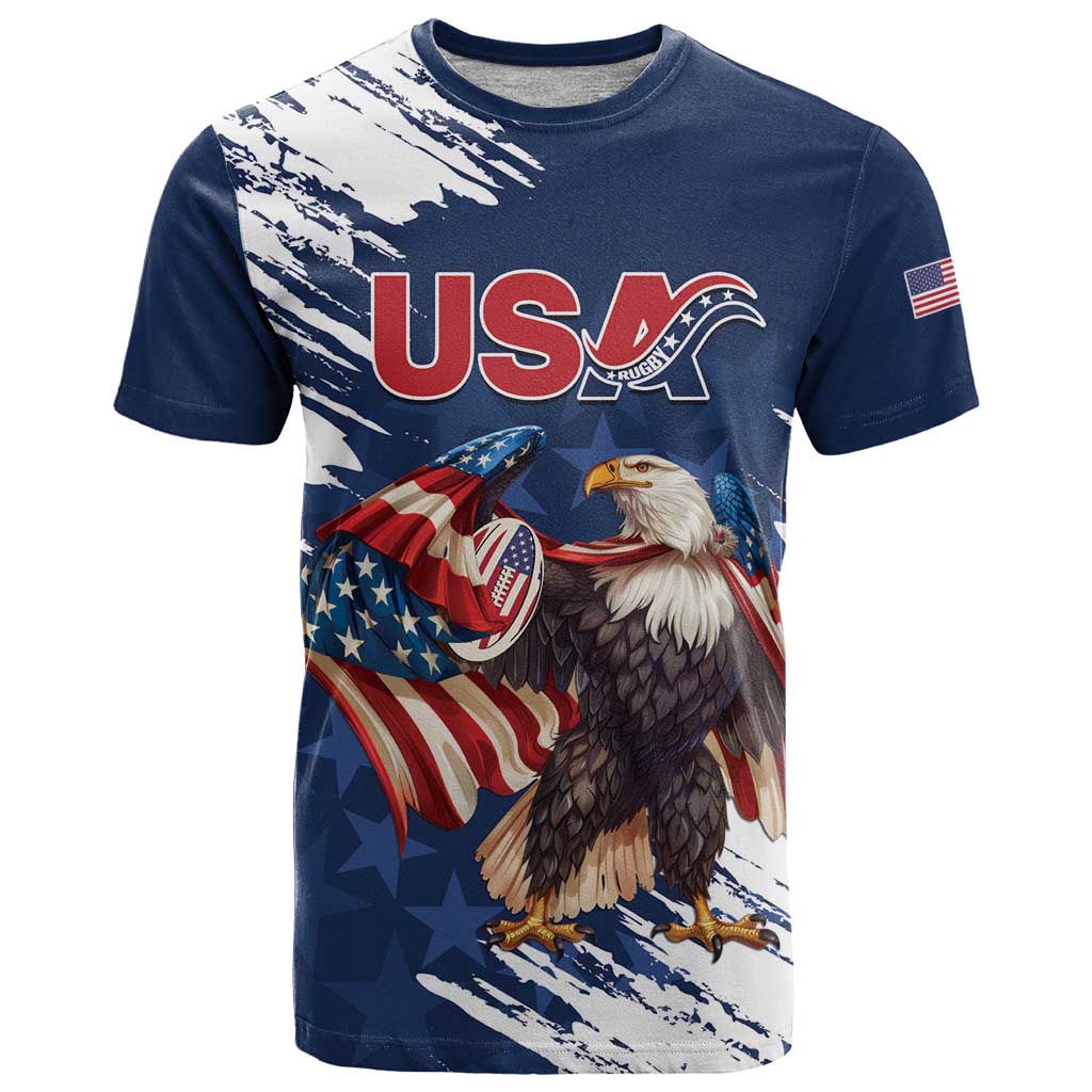 Custom USA Rugby T Shirt Powerful Eagle Grunge Brush Style - Blue