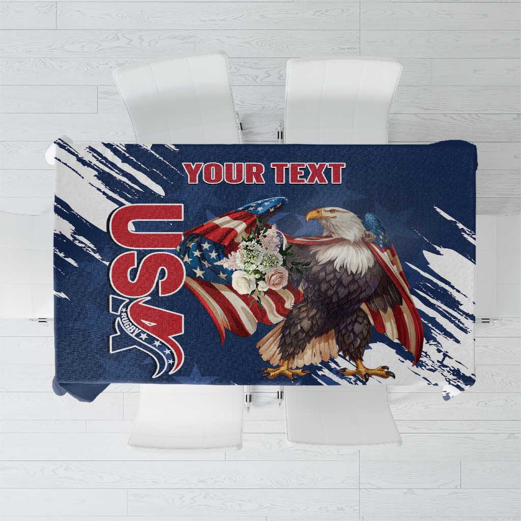Blue tablecloth with eagle graphic and grunge brush paint pattern