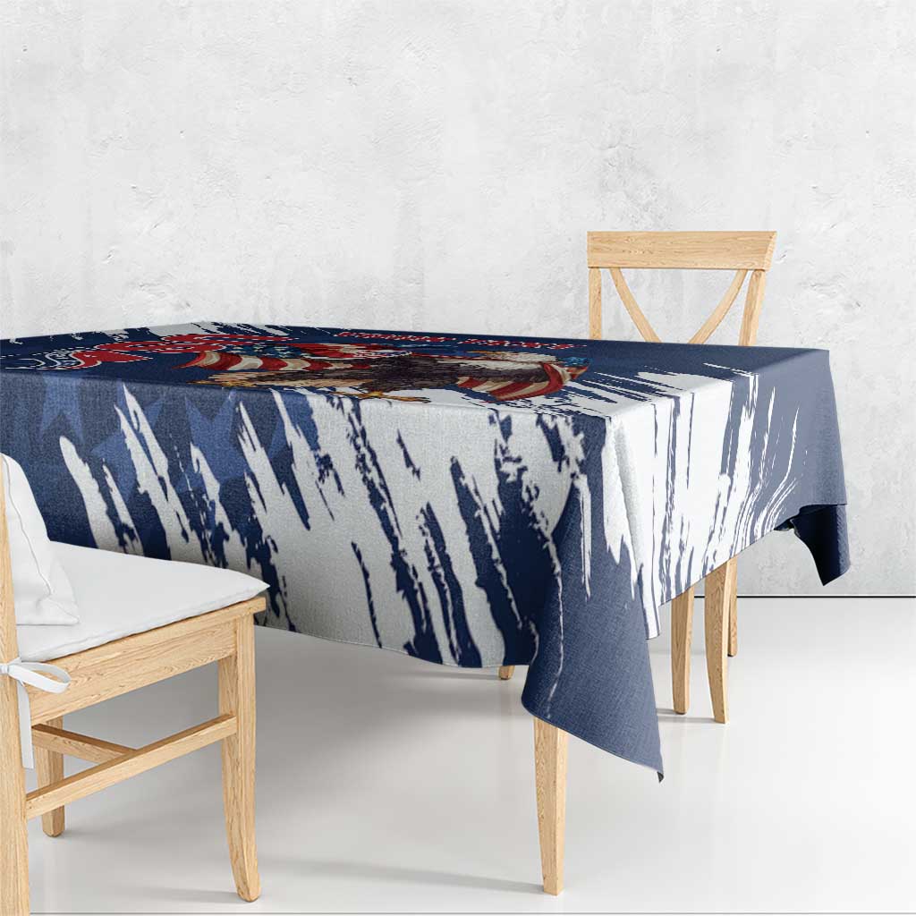 Blue tablecloth with white paint-streak grunge brush design