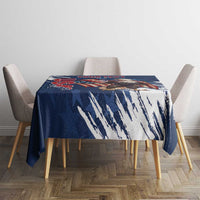 Blue tablecloth with eagle centerpiece graphic and white paint streaks