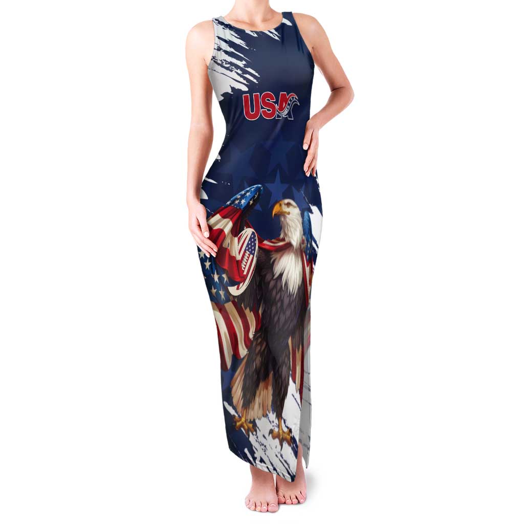 Custom USA Rugby Tank Maxi Dress Powerful Eagle Grunge Brush Style - Blue