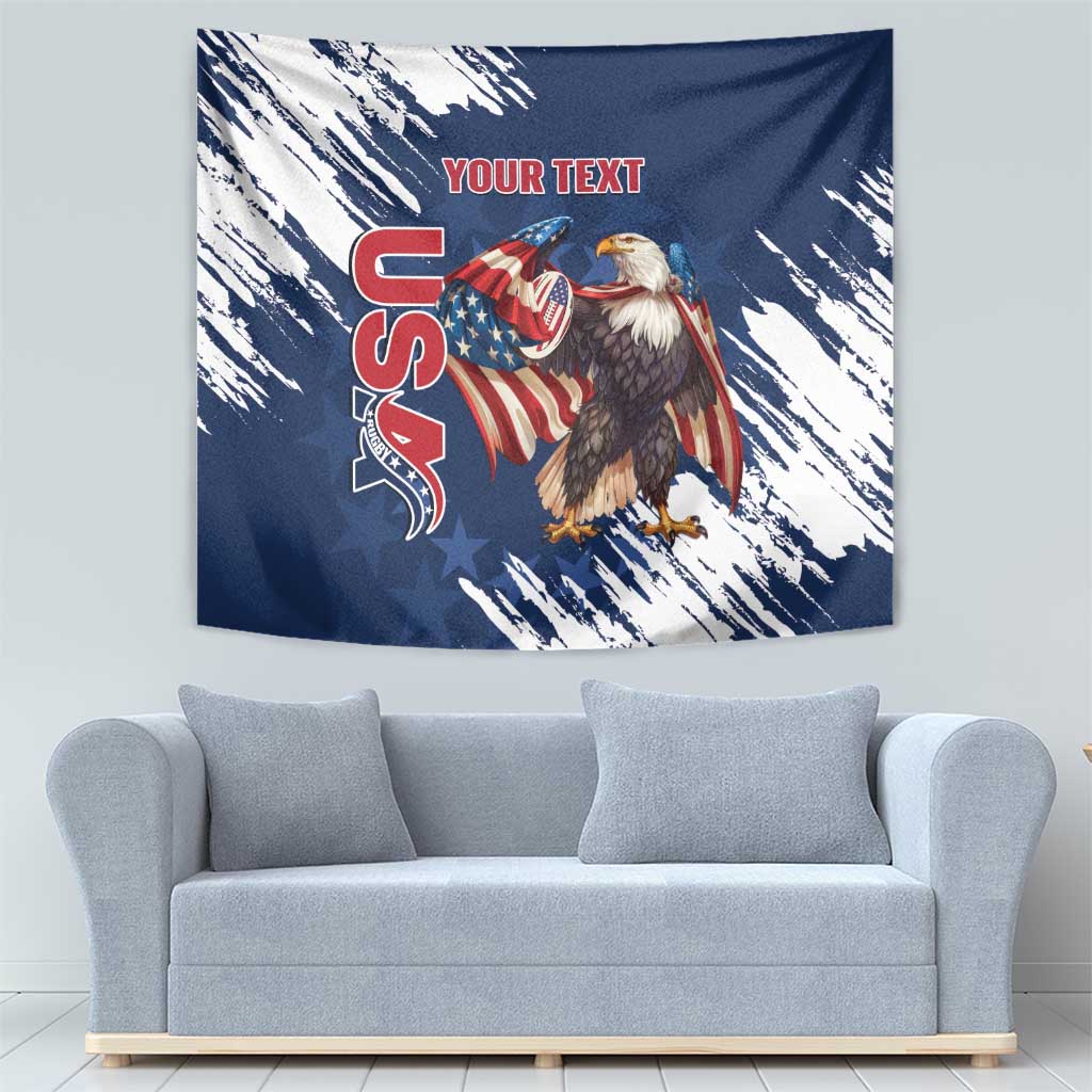 Blue USA rugby tapestry with eagle graphic, red logo, and YOUR TEXT space