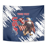 Blue USA rugby tapestry with eagle artwork, red lettering, and YOUR TEXT