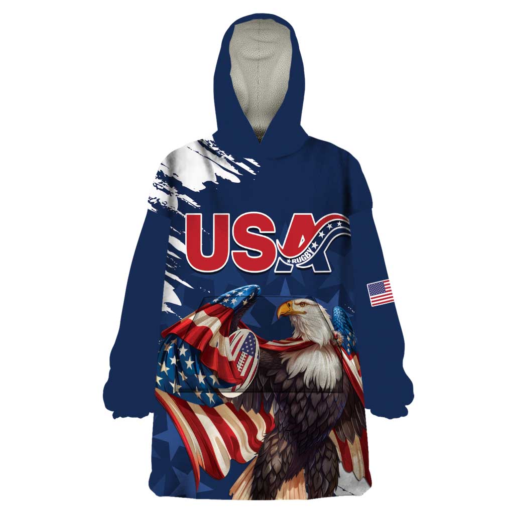 Custom USA Rugby Wearable Blanket Hoodie Powerful Eagle Grunge Brush Style - Blue