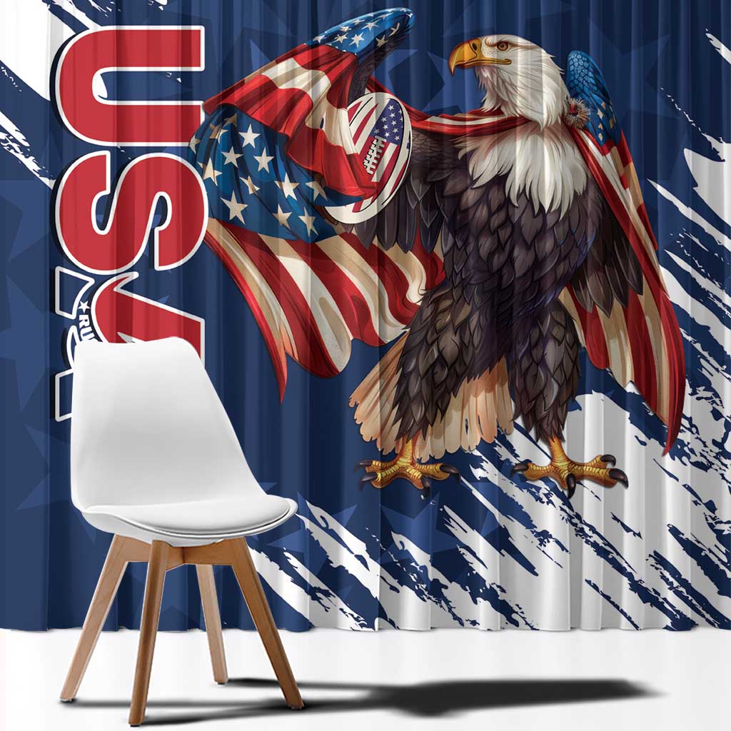 Blue curtain panel with large American eagle and waving flag graphic