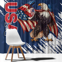 Blue curtain panel with large American eagle and waving flag graphic