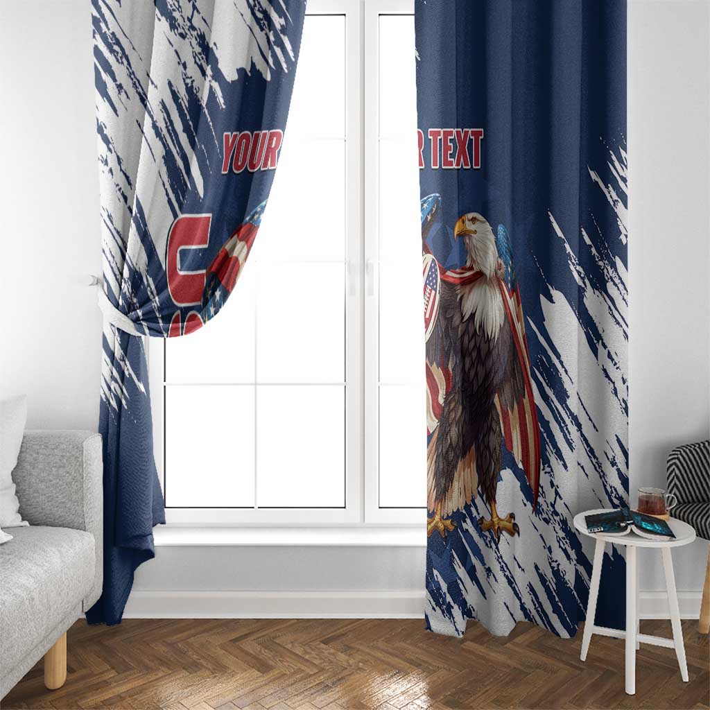 Blue window curtain set with eagle design on a grunge brush print
