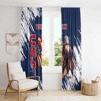 Blue curtain panels with eagle artwork and distressed flag stripes