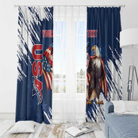 Blue window curtain panels with eagle graphic and star-striped burst print