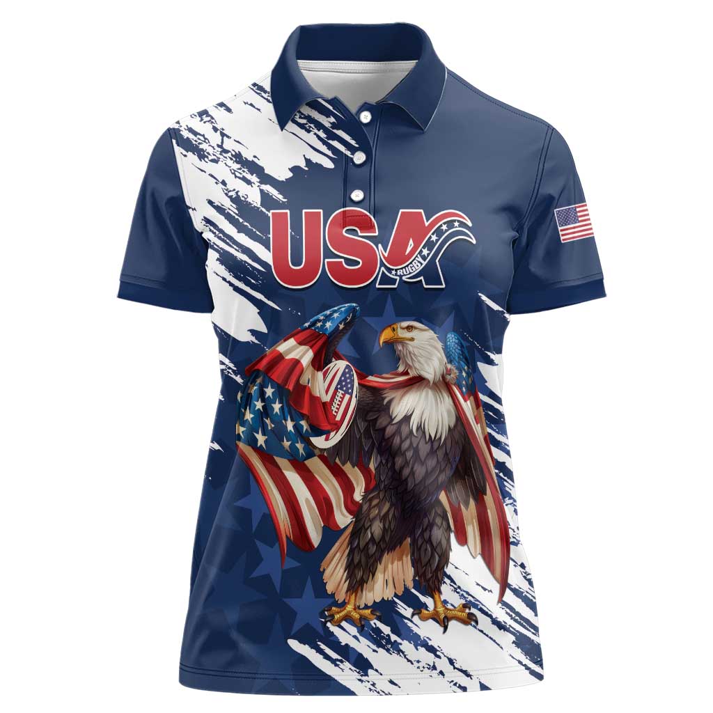 Custom USA Rugby Women Polo Shirt Powerful Eagle Grunge Brush Style - Blue