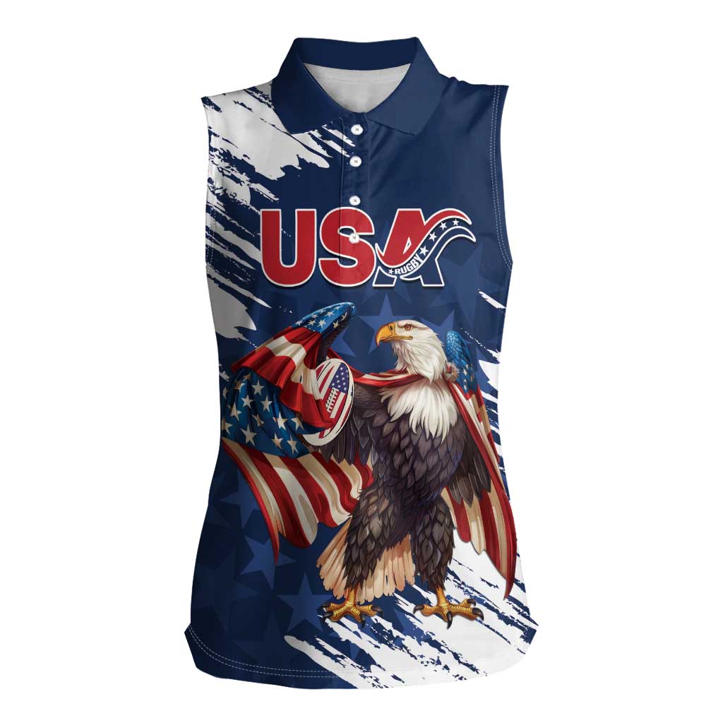 Custom USA Rugby Women Sleeveless Polo Shirt Powerful Eagle Grunge Brush Style - Blue