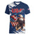 Custom USA Rugby Women V-Neck T-Shirt Powerful Eagle Grunge Brush Style - Blue