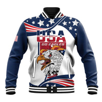 White and navy rugby sevens baseball jacket with USA stars graphic and eagle front