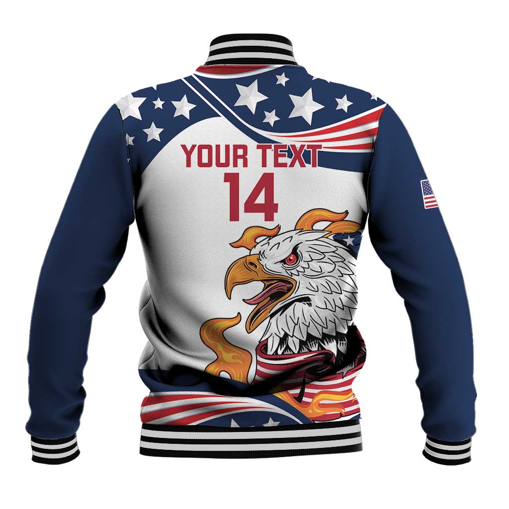 Rugby sevens baseball jacket with eagle back graphic, stars stripes, and red 14