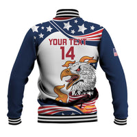 Rugby sevens baseball jacket with eagle back graphic, stars stripes, and red 14