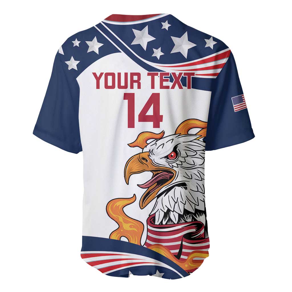 Custom rugby sevens jersey back, white with navy stars, orange eagles and number 14