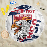 White round beach blanket with fringed edge, eagle, stars, stripes, and “GO EAGLES” graphic