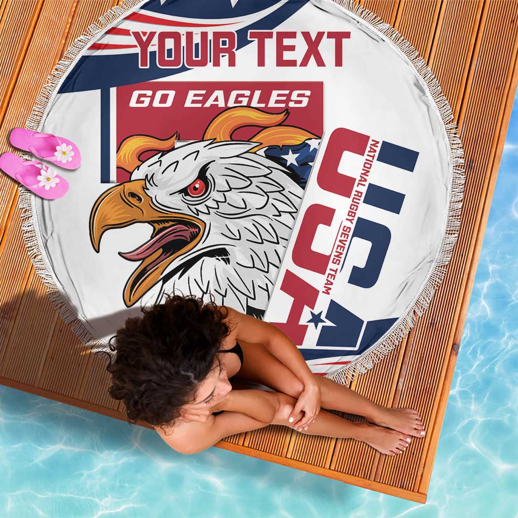 White round beach blanket with fringed edge, eagle graphic and “YOUR TEXT / GO EAGLES”