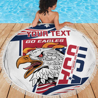 White round beach blanket with fringed edge, eagle and “YOUR TEXT / GO EAGLES” design