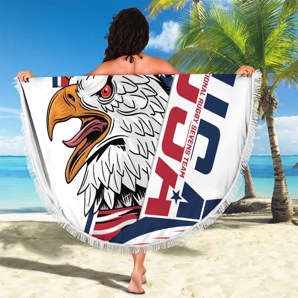 White round beach blanket with fringed edge, eagle graphic and “GO EAGLES” flag-style panel