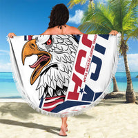 White round beach blanket with fringed edge, eagle graphic and “GO EAGLES” flag-style panel