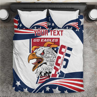 Rugby bedding set with eagle graphic and custom text on white, blue and red patriotic flag