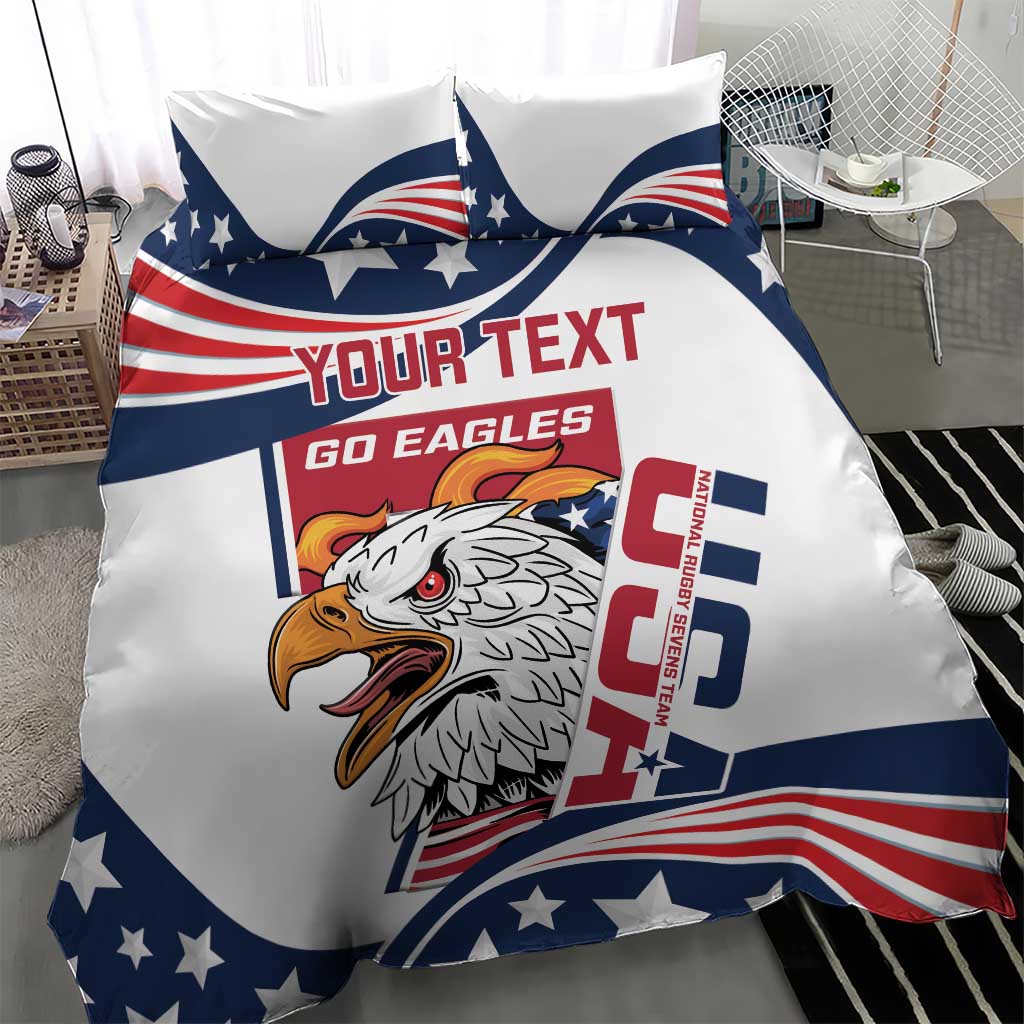 Patriotic rugby bedding set with eagle and custom text on white, blue and red flag design