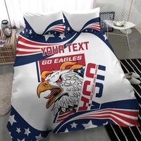 Patriotic rugby bedding set with eagle and custom text on white, blue and red flag design