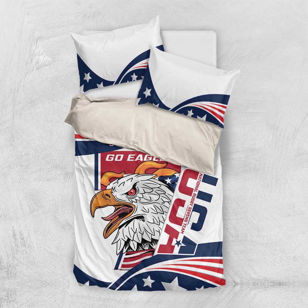 Rugby bedding set with eagle face graphic on white, blue and red patriotic flag print