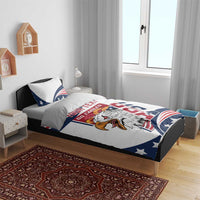 Rugby duvet set on bed with eagle and patriotic flag print in white, blue and red