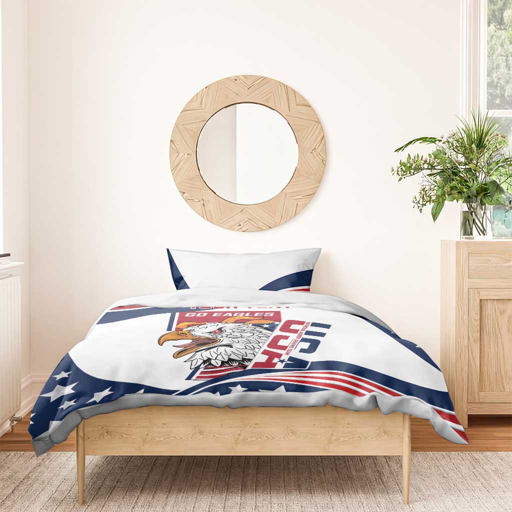 Rugby bedding set with eagle and block graphic on white, blue and red flag design