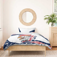 Rugby bedding set with eagle and block graphic on white, blue and red flag design