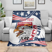 Flag-style eagle blanket draped over sofa with YOUR TEXT GO EAGLES print