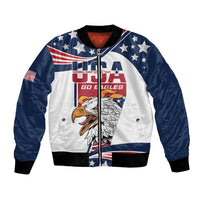 USA-themed bomber jacket with eagle graphic, white front, navy sleeves, ribbed cuffs