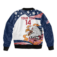 USA-themed bomber jacket with eagle graphic, white front, navy sleeves, ribbed cuffs, 14