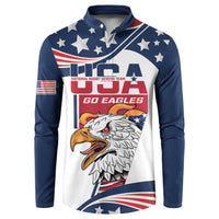 Navy and white USA rugby sevens button sweatshirt, stars stripe eagle graphic on front