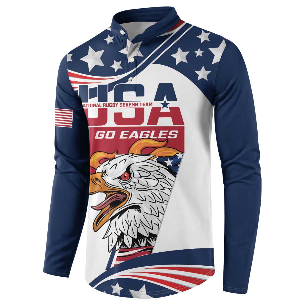 Navy and white rugby sevens button sweatshirt with eagle and USA flag graphic, front view