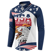Navy and white rugby sevens button sweatshirt with eagle and USA flag graphic, front view