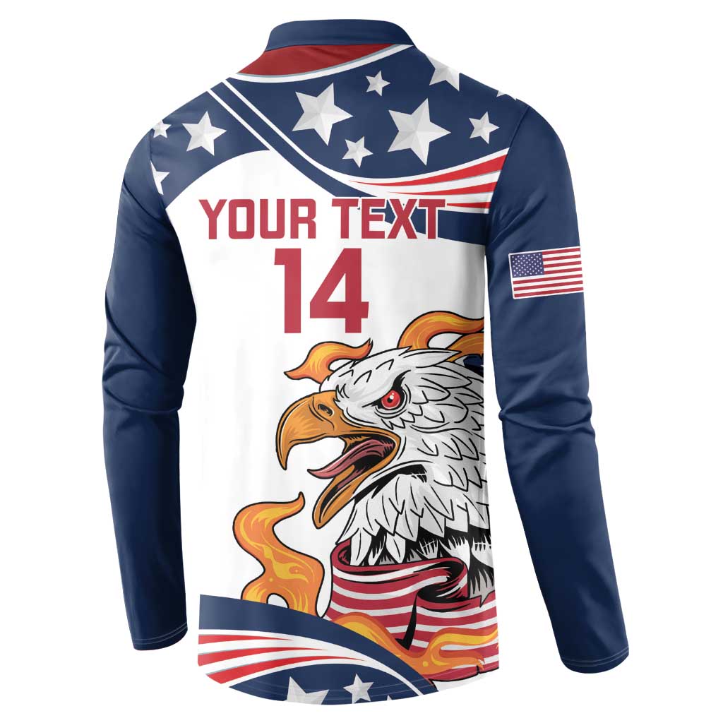 Navy and white button sweatshirt with stars, eagle graphic, and YOUR TEXT 14 on back