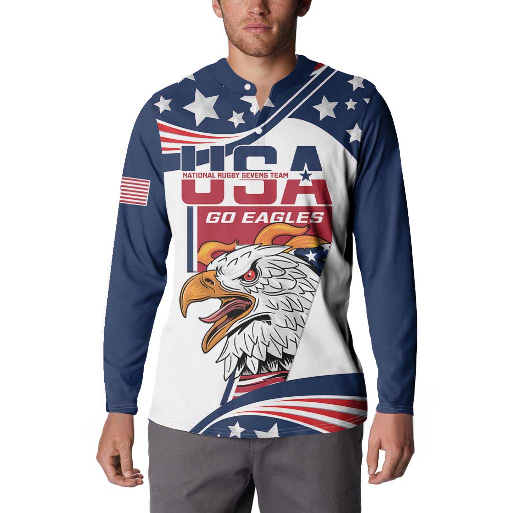 Navy and white USA rugby sevens button sweatshirt on model, eagle and USA graphic front