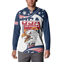 Navy and white USA rugby sevens button sweatshirt on model, eagle and USA graphic front