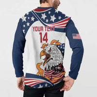 Navy and white button sweatshirt on model, stars and eagle with YOUR TEXT 14 on back