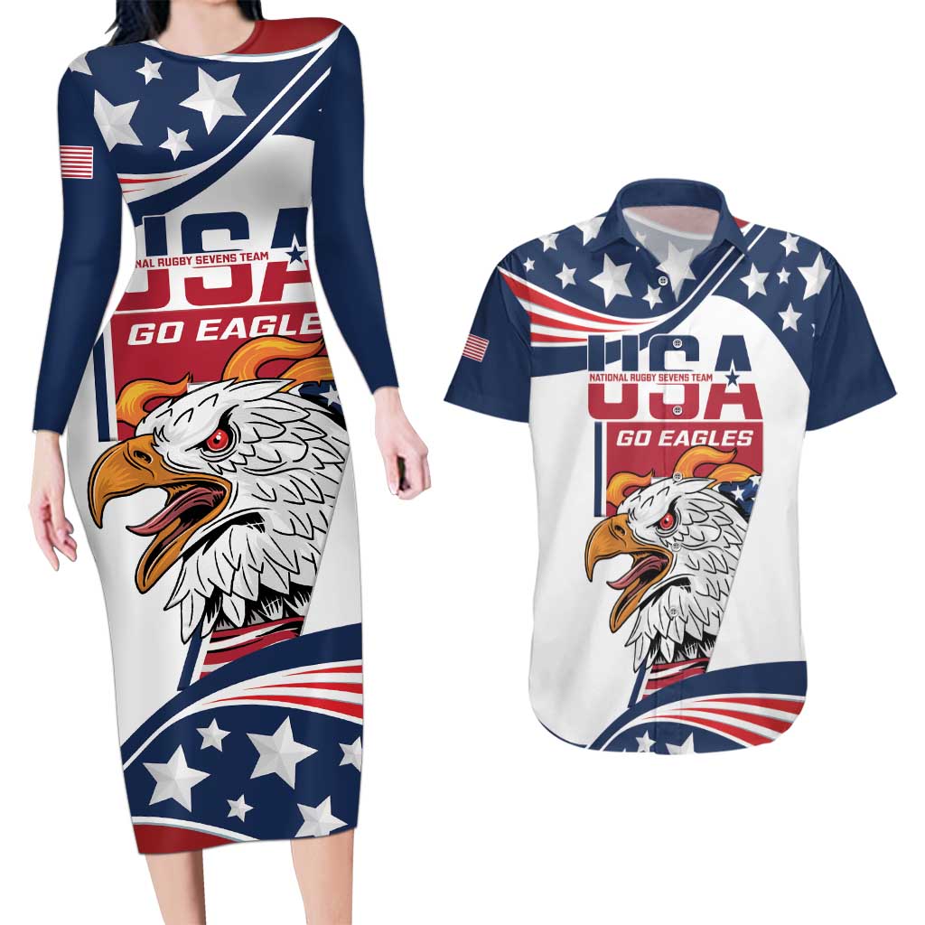 Custom USA Rugby Sevens Couples Matching Long Sleeve Bodycon Dress and Hawaiian Shirt Go Eagles Flag Style - Wonder Print Shop