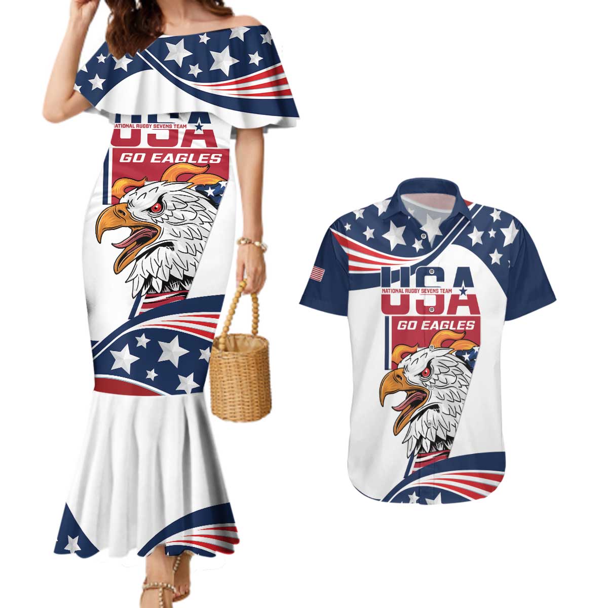 Custom USA Rugby Sevens Couples Matching Mermaid Dress and Hawaiian Shirt Go Eagles Flag Style - Wonder Print Shop