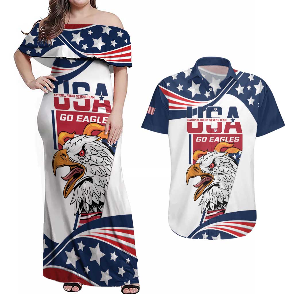 Custom USA Rugby Sevens Couples Matching Off Shoulder Maxi Dress and Hawaiian Shirt Go Eagles Flag Style - Wonder Print Shop